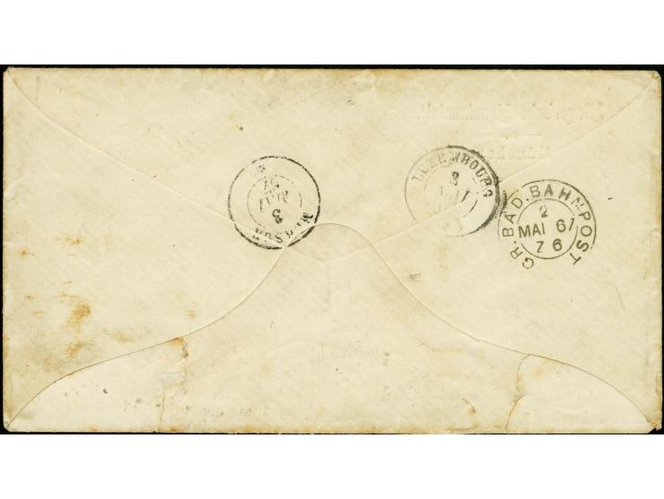 9 Kreuzer braun, allseits breitrandig mit leicht aufgesetztem oMR und nebengesetztem Ra2 "MÜNCHEN 1 MAI 1867" auf Briefkuvert