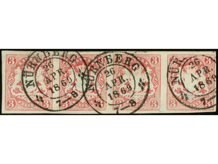 3 Kreuzer rosa im waagerechten 4er-Streifen, allseits voll- bis meist breitrandig mit dreimal sauber aufgesetztem großen DKr.