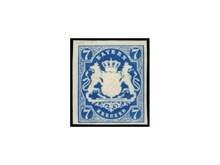 7 Kreuzer preußischblau, sehr schöne frische Farbe und allseits voll- bis breitrandig, ungezähnt mit Originalgummi; oben und 