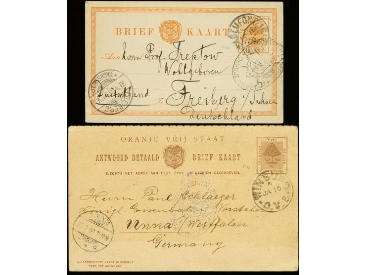 "Postmeester Generaal / Oranje Vry Staat" oval  prosivional censor mark in blue resp. black on two 1d. OFS postal stationery 