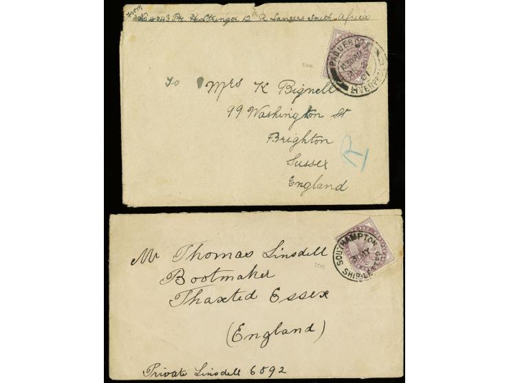 "SOUTHAMPTON SHIP-LETTER 31 MY" and "PAQUEBOT LIVERPPOL ME 2 01" each on 1881 GB 1d. on cover to Brighton resp Essex, the lat