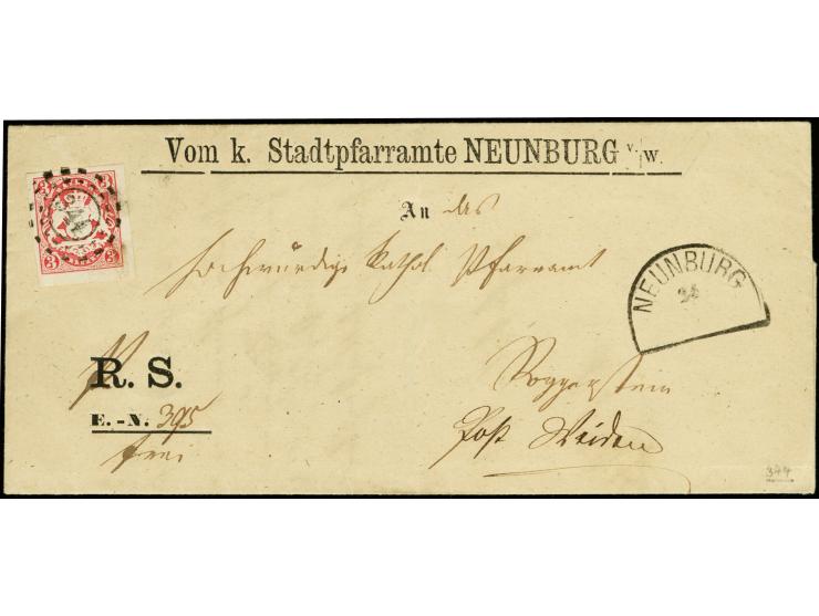 "344" NEUNBURG, sauber auf Wappen 3 Kreuzer rosa, allseits breitrandig auf Faltbrief nach Weiden