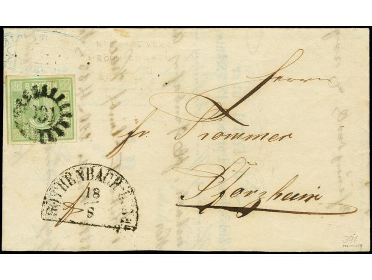 "391" RÖTHENBACH BHF., etwas verwischt auf 9 Kreuzer maigrün, allseits breitrandig auf komplettem Faltbrief vom 18.8.1854 nac