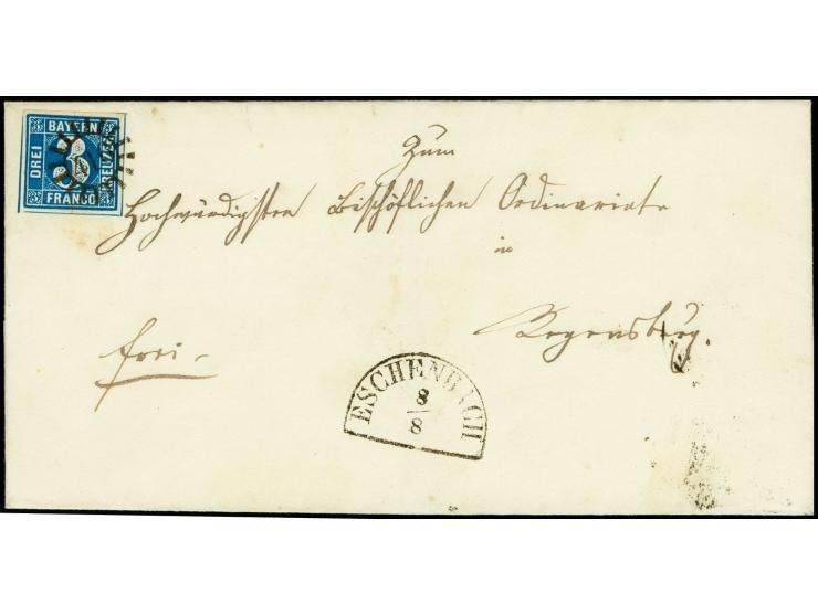 "416" ESCHENBACH, klar auf 3 Kreuzer blau, allseits breitrandig auf Briefhülle nach Regensburg; Hülle gering fleckig