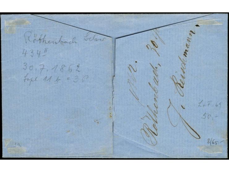 "434" RÖTHENBACH, klar und zentrisch auf 6 Kreuzer braun, breit- bis überrandig auf Briefhülle nach Augsburg