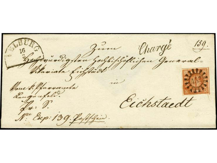 "452" VELBURG, zentrisch und klar auf 6 Kreuzer braun, allseits breitrandig auf Chargé-Briefhülle nach Aichstett