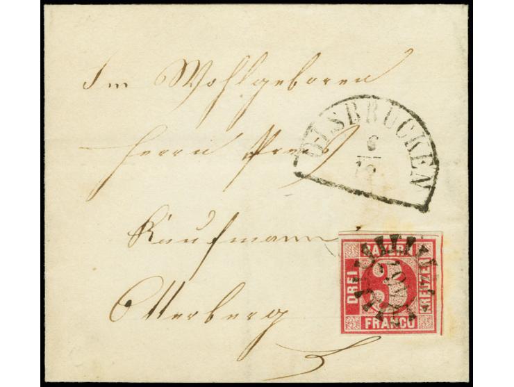 "467" OLSBRÜCKEN, sauber auf 3 Kreuzer rosa, voll- bis breitrandig auf kleiner Briefhülle datiert "Moosbach 5 DEZBE. 1865" na