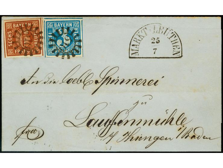 "510" MARKTLEUTHEN, jeweils sauber auf 3 Kreuzer blau und 6 Kreuzer braun, beide allseits breitrandig, auf Briefhülle 1853 na