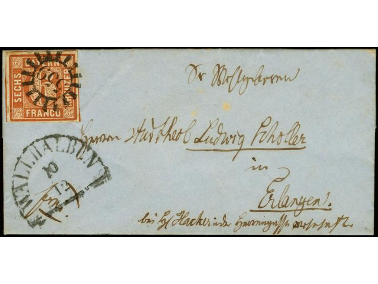 "559" WALLHALBEN, sauber auf 6 Kreuzer braun, voll- bis breitrandig auf kleinem Faltbrief nach Erlangen; Marke ganz kleine Kn