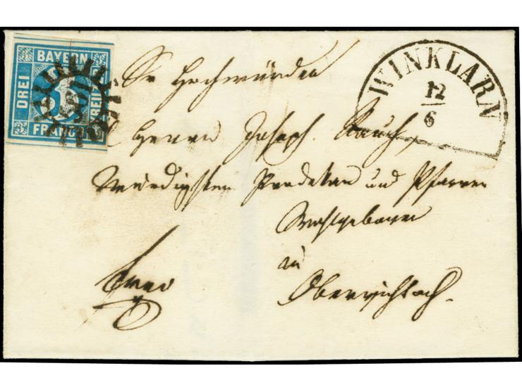 "561" WINKLARN, sauber auf 3 Kreuzer blau, voll- bis breitrandig auf Briefhülle nach Oberviechtach