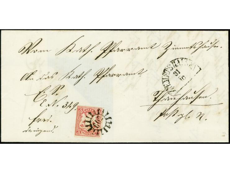 "602" ZIEMETSHAUSEN, sauber auf Wappen 3 Kreuzer rosa, voll- bis breitrandig auf Briefhülle nach Thannhausen