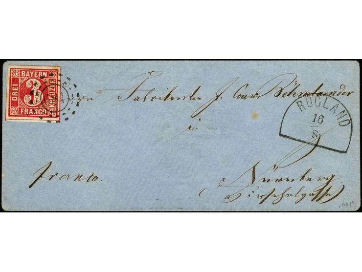 "681" RÜGLAND, klar auf 3 Kreuzer karmin, allseits breitrandig auf kleinem Briefkuvert nach Nürnberg, signiert Brettl BPP