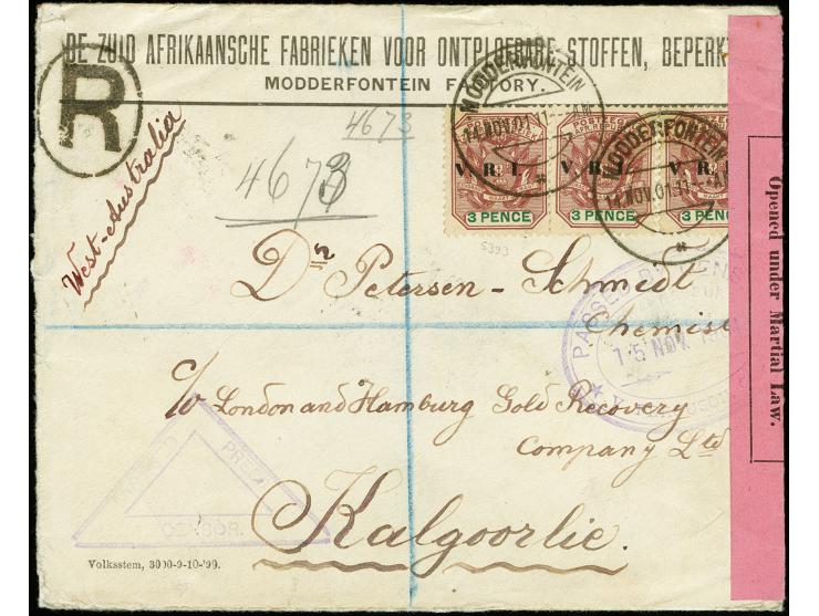 "Opened under Martial Law.." pink censor label with adjacent oval "PASSED BY CENSOR JOHANNESBURG" and triangular censor mark 