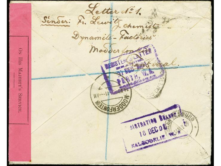 "Opened under Martial Law.." pink censor label with adjacent oval "PASSED BY CENSOR JOHANNESBURG" and triangular censor mark 