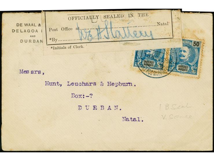 "OFFICIALLY SEALED IN THE..." white label (type 1B) on cover from Lourenco Marques to Durban with arrival mark on reverse, li