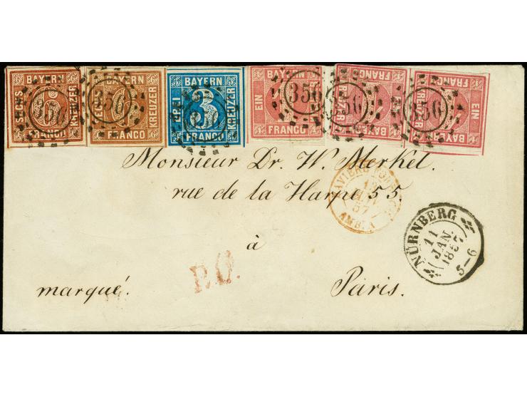 FRANKREICH: 1850/58, 3 Kreuzer blau, Platte 3, mit 1 Kreuzer dunkelrosa, waagerechtes Paar und Einzelstück sowie 2 Einzelwert