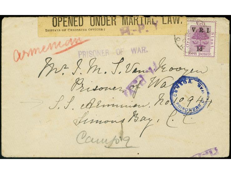 SS "Armenian": franked cover from "BLOEMFONTEIN" to a POW inmate on the SS Armenian, yellow censor label "OPENED UNDER MARTIA