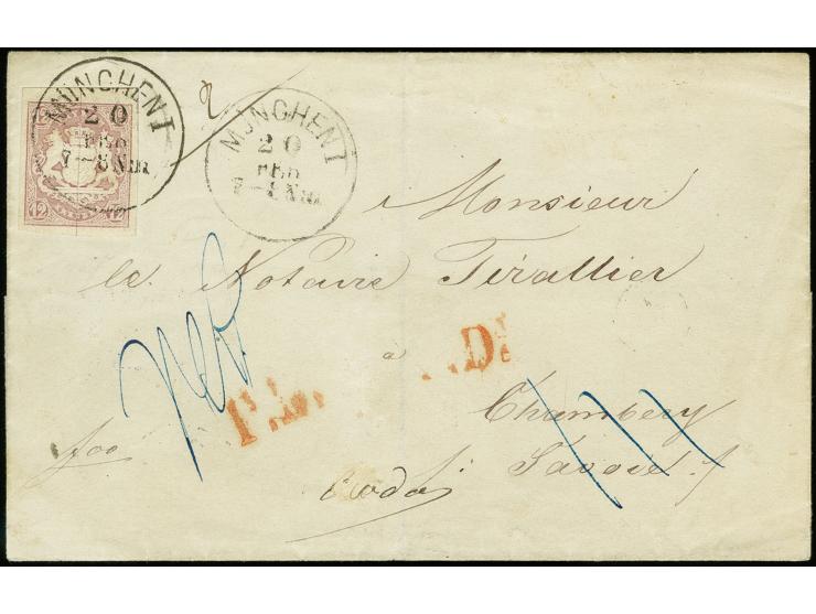 FRANKREICH: 12 Kreuzer lila, allseits breitrandig und farbfrisch mit sauber aufgesetztem EKr. "MÜNCHEN 20 FEB." (1871) auf Br