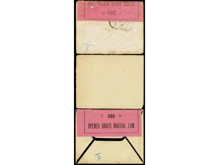 SS "Catalonia", "Manila" and "Hawarden Castle", two covers on one front with censor marks and label, mostly fine