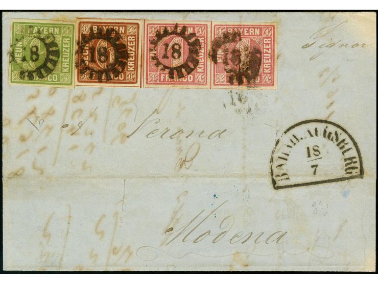 MODENA: 1850/58, 1 Kreuzer rosa im waagerechten Paar mit 6 Kreuzer braun und 9 Kreuzer gelbgrün, alle farbfrisch und voll- bi