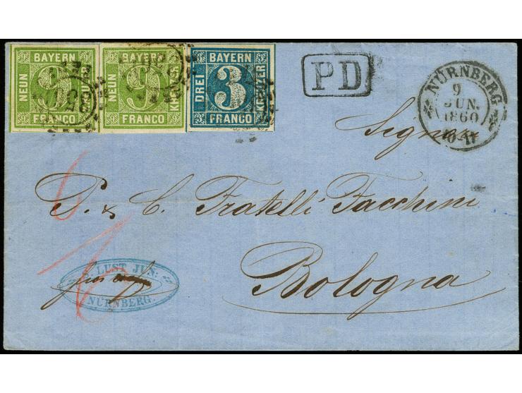 SARDINIEN: 1850/58, 3 Kreuzer blau, Platte 3 und zwei Einzelwerte 9 Kreuzer gelbgrün, dabei ein Wert mit Plattenfehler "weiße