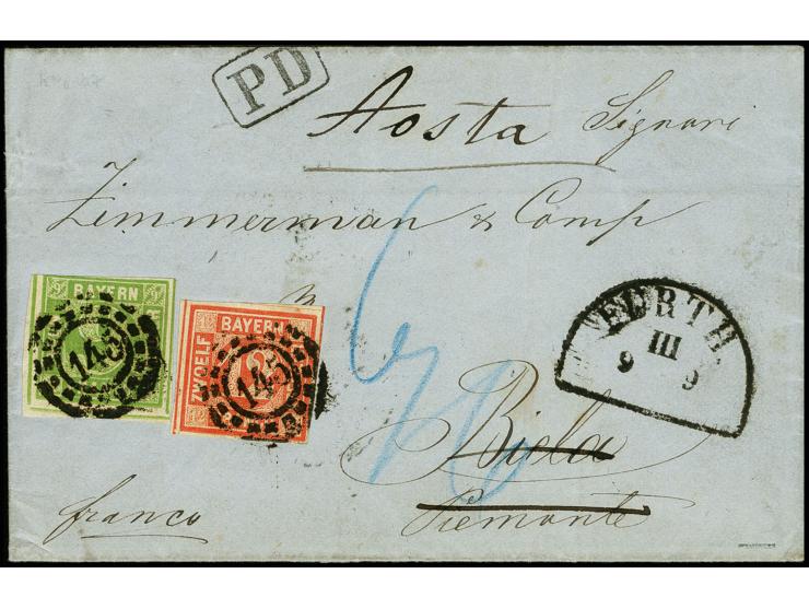 SARDINIEN: 1850/58, 12 Kreuzer rot und 9 Kreuzer gelbgrün, letztere oben leicht berührt, sonst voll- bis breitrandig und sehr