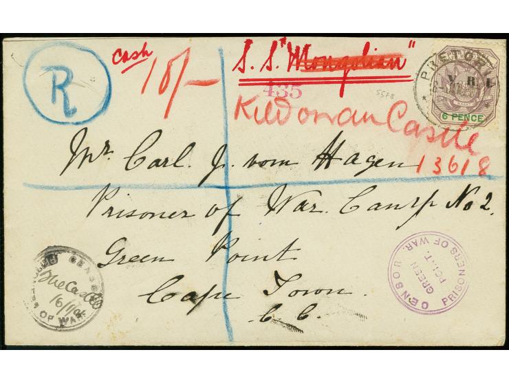 SS "Mongolian / Kildonan Castle": 1901, registered franked cover from "PRETORIA 6-JAN 01" to a POW Camp at Green Point, endor