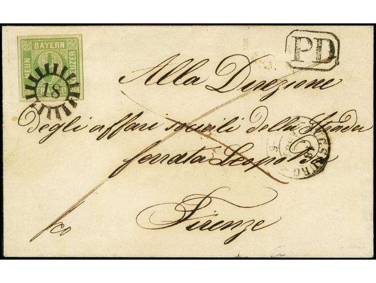 TOSKANA: 1850/58, 9 Kreuzer bläulichgrün, farbfrisch und allseits breitrandig mit Schnittlinien an drei Seiten, mit glasklar 