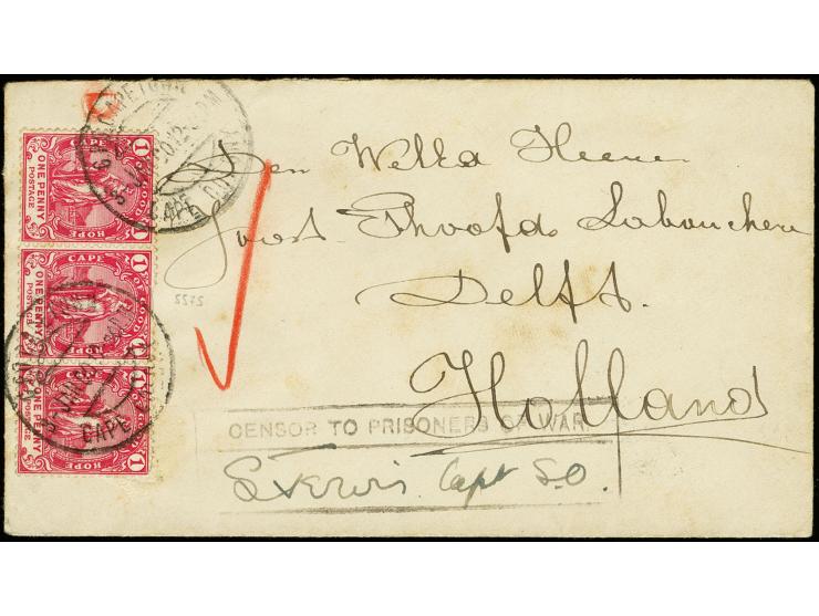 H.M.S Penelope: 1900, franked cover from the ship with cds "G.P.O. CAPETOWN 3 JAN 00" to the Netherlands, showing boxed censo