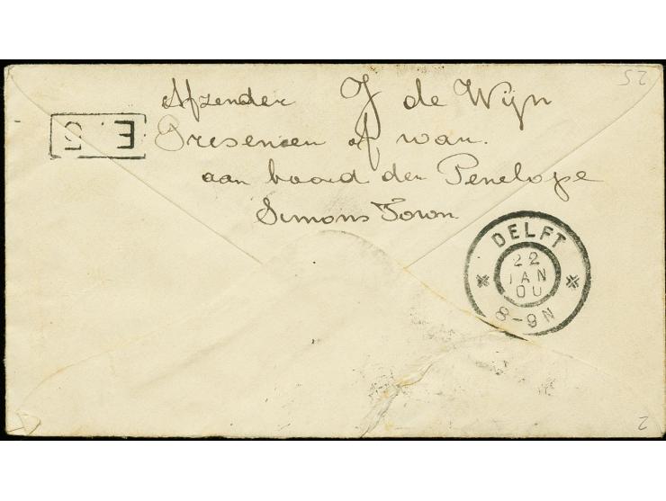 H.M.S Penelope: 1900, franked cover from the ship with cds "G.P.O. CAPETOWN 3 JAN 00" to the Netherlands, showing boxed censo