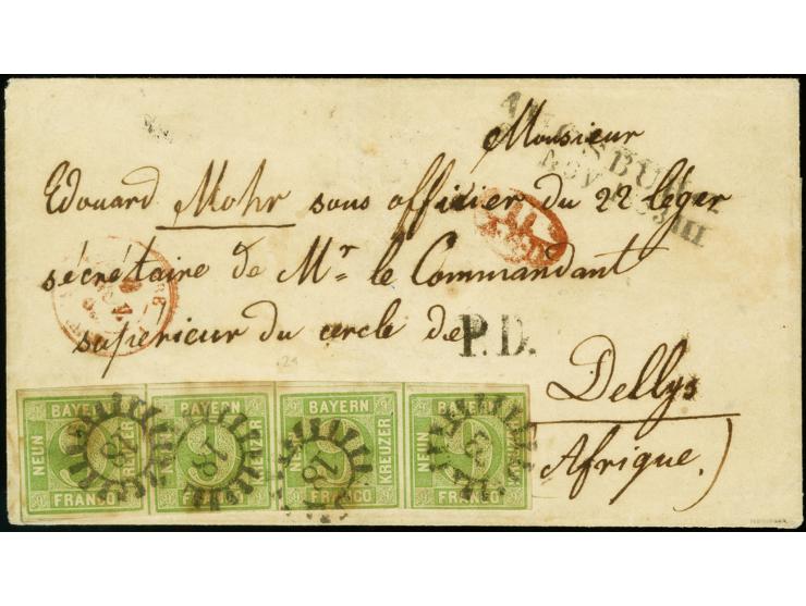 ALGERIEN: 1850/58, 9 Kreuzer lebhaftgrün im waagerechten 4er-Streifen, die beiden rechten Marken unten leicht berührt, sonst 