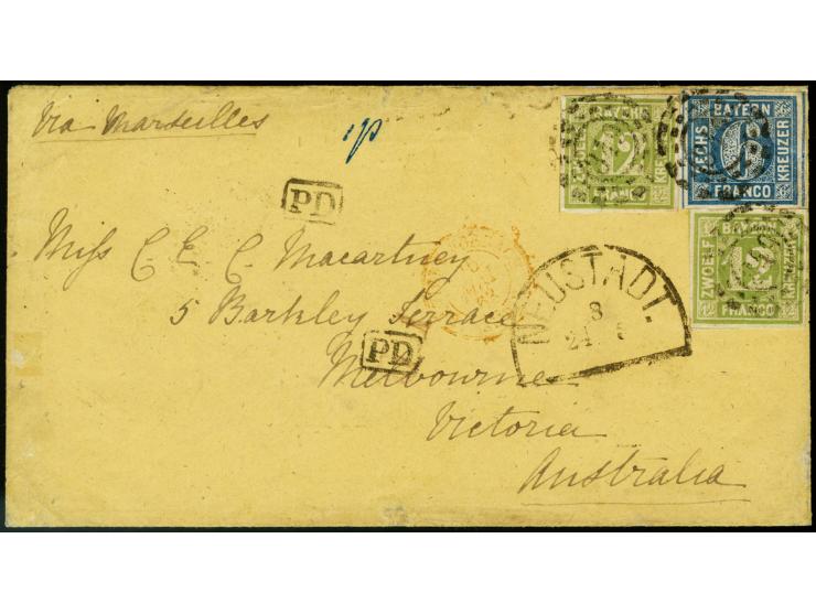 AUSTRALIEN: 1862, 12 Kreuzer grün, zwei Einzelwerte, abwechselnd über Eck geklebt mit 6 Kreuzer blau, zwei Werte mit einseiti