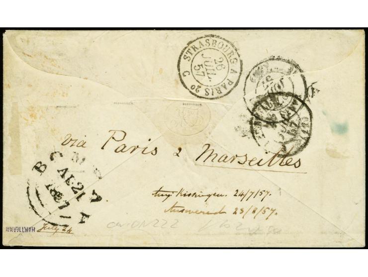 INDIEN: 1850/58, 9 Kreuzer gelbgrün im waagerechten 3er-Streifen der Type III, zusammen mit 3 Kreuzer blau, Platte 5, alle fa