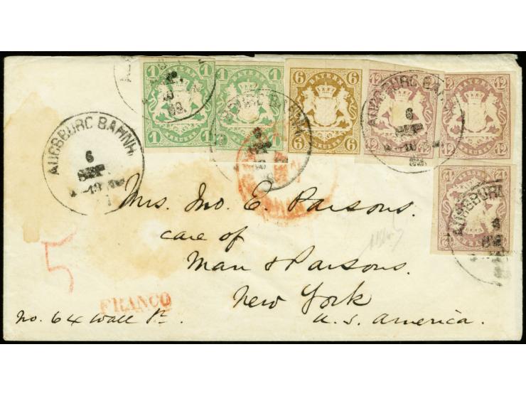 VEREINIGTE STAATEN: 1867/68, 1 Kreuzer grün, zwei Einzelwerte zusammen mit drei Einzelwerten 12 Kreuzer lila und 1868, 6 Kreu