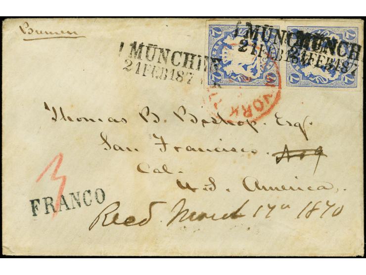 VEREINIGTE STAATEN: 1868, Wappen 7 Kreuzer ultramarin im senkrechten Paar, allseits breitrandig mit L2 "MÜNCHEN 21 FEB. 1870"