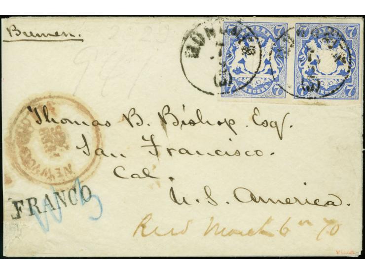7 Kreuzer ultramarin im waagerechten Paar, voll- bis breitrandig mit EKr. "MÜNCHEN 7 2" (1866) auf kleinem Briefkuvert über B
