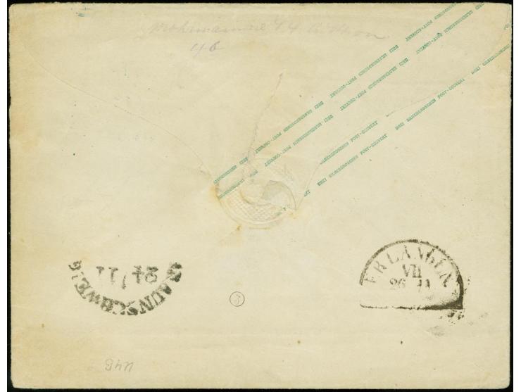 1857, Umschlag 3 Silbergroschen gelb im Großformat mit blauem Ra2 "PEINE 24 NOV." auf Wertstempel und nebengesetzt, nach Erla