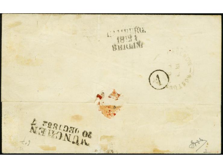 1856, 5 Schilling blau, farbfrisch und allseits breitrandig mit doppelt auf- und zusätzlich nebengesetztem DKr. "WISMAR 18/12