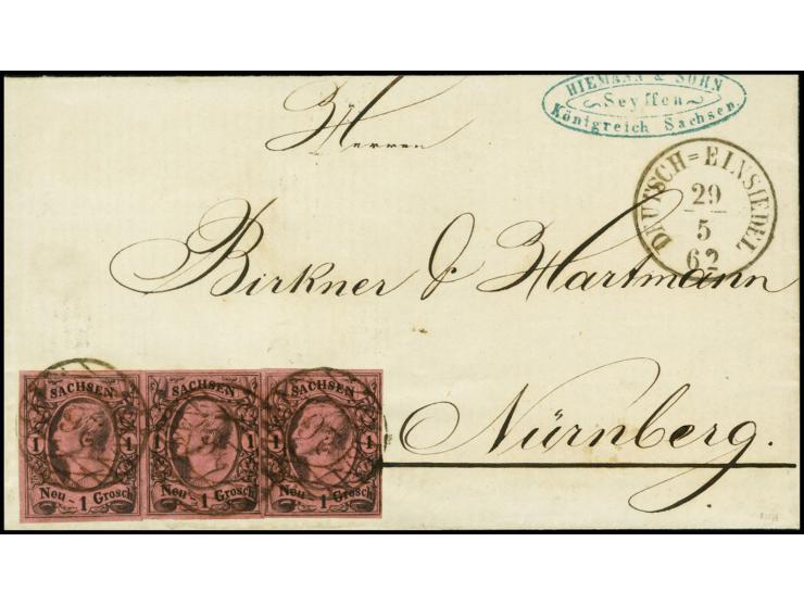 1855/63, Johann 1 Neugroschen auf feuerrot, 3 Einzelwerte, alle voll- bis breitrandig mit Nr. "26" und klar nebengesetztem EK