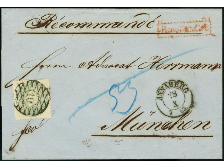 1863/67, 5 Neugroschen graublau mit zentrischer Nr. "10" als Einzelfrankatur auf Reco-Briefhülle mit sauber nebengesetztem DK