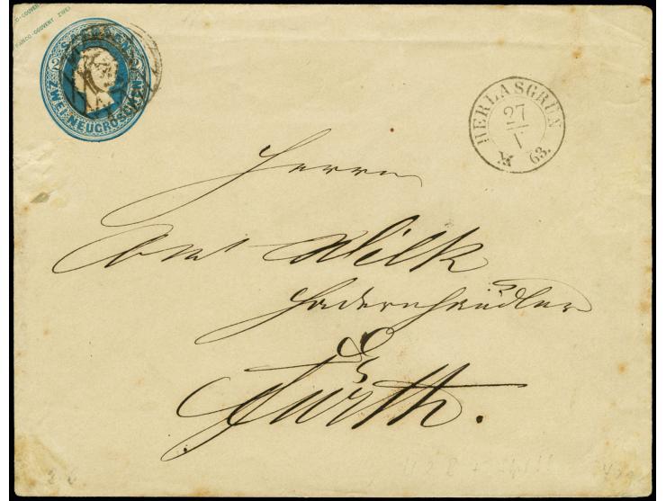 1859, Umschlag 2 Neugroschen blau im Großformat mit Nr. "207" und sauber nebengesetztem DKr. "HERLASGRÜN 27/V 63" nach Fürth;