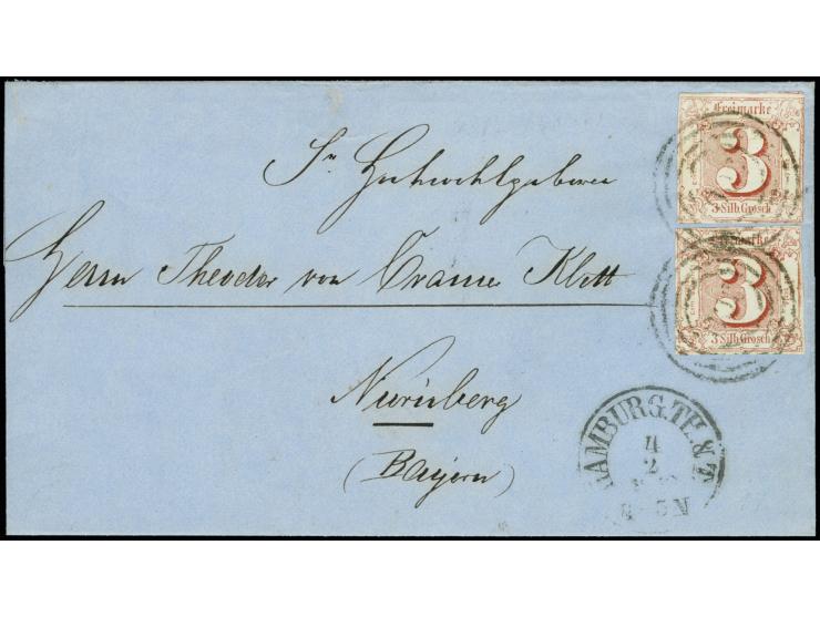 1859/61, 3 Silbergroschen braunrot, 2 Einzelwerte in gutem Taxis-Schnitt mit Nr. "300" und nebengesetztem EKr. "HAMBURG TH.&T