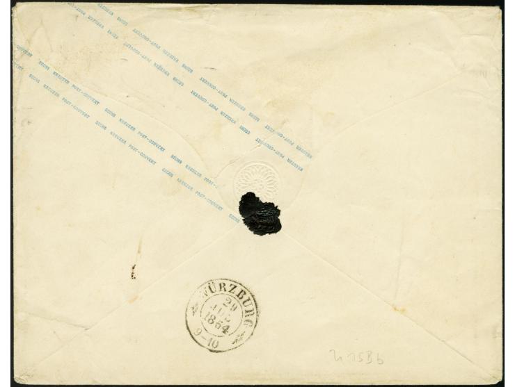 1861, Umschlag 6 Kreuzer blau im Großformat mit Entwertung durch Nummernstempel und nebengesetztem EKr. "GIESSEN 28 7" (1864)