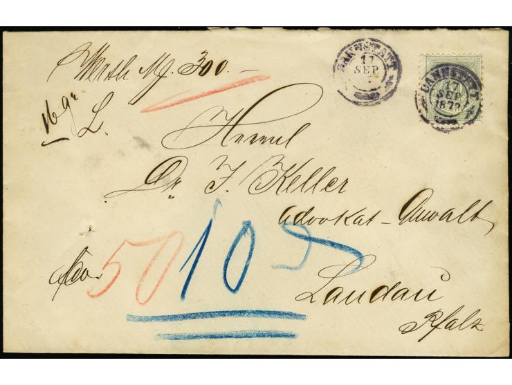 1878, 50 Pfennig olivgrün mit DKr. "CANNSTADT 17 SEP. 1878" als Einzelfrankatur auf Wertbrief über 300 M. nach Landau