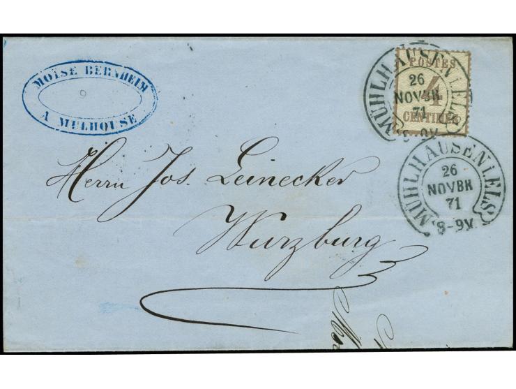 1879, 4 C. lilagrau mit Hufeisenstempel "MÜLHAUSEN I. ELS. 26 NOVBR. 71" auf Drucksachen-Falthülle nach Würzburg, Pracht, sig
