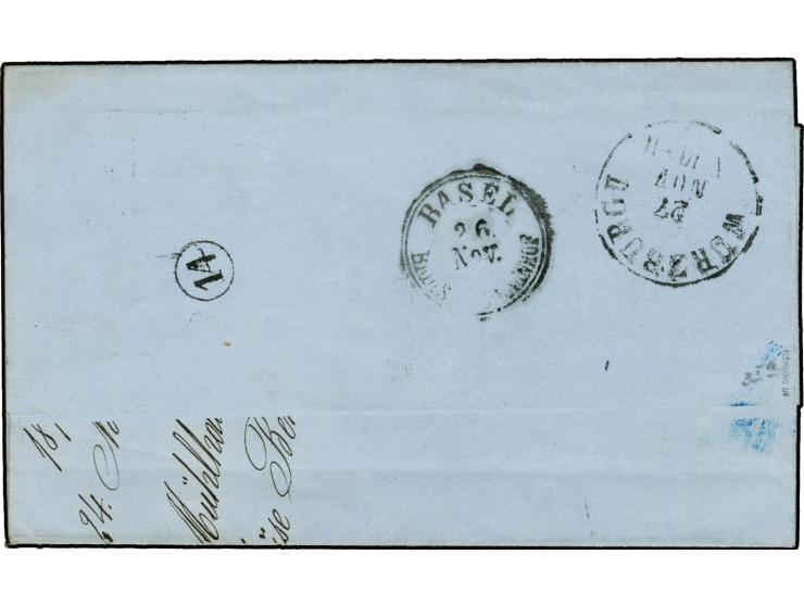 1879, 4 C. lilagrau mit Hufeisenstempel "MÜLHAUSEN I. ELS. 26 NOVBR. 71" auf Drucksachen-Falthülle nach Würzburg, Pracht, sig