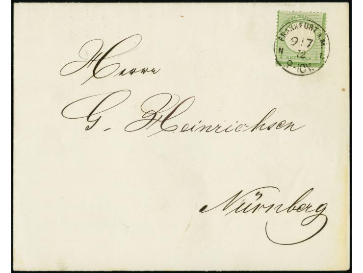 1872, Kleiner Schild 1 Kreuzer gelblichgrün mit Plattenfehler "Taube unter ZER", mit sauberem Stempel "FRANKFURT A.M. 9/7 72"