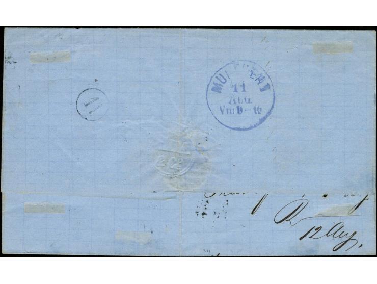 1872, Kleiner Schild 1 Kreuzer grün und 2 Kreuzer orange mit Ra2 "FRANKFURT A.M. 10 8 72" auf Briefhülle nach München