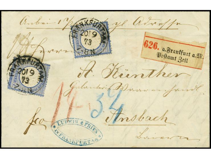 1872, Großer Schild 7 Kreuzer grauultramarin, 2 Einzelwerte, beide farbfrisch und sehr gut geprägt, ein Wert mit leichten Zah