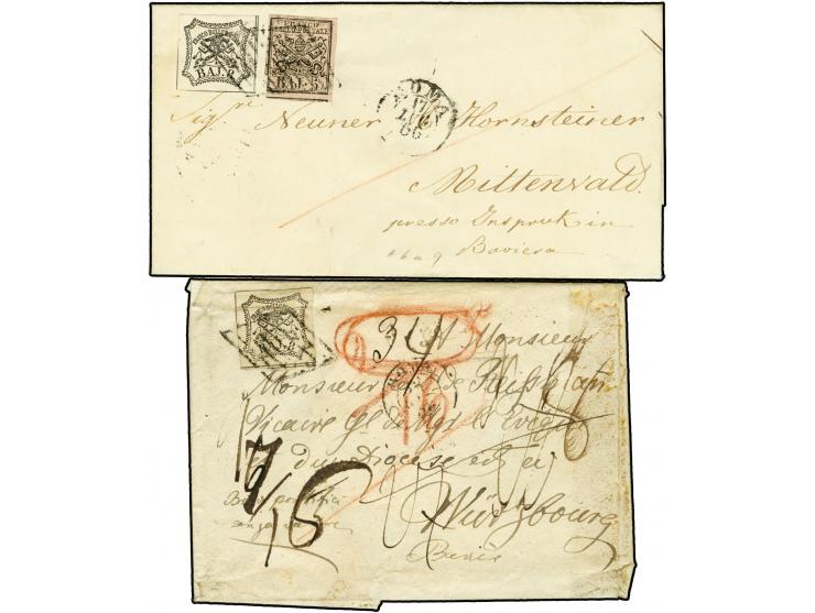 1852, 5 Baj. auf rosa (unten links etwas angeschnitten) und 8 Baj. schwarz mit Rautenstempel auf Briefhülle von "ROMA 17 LUG.